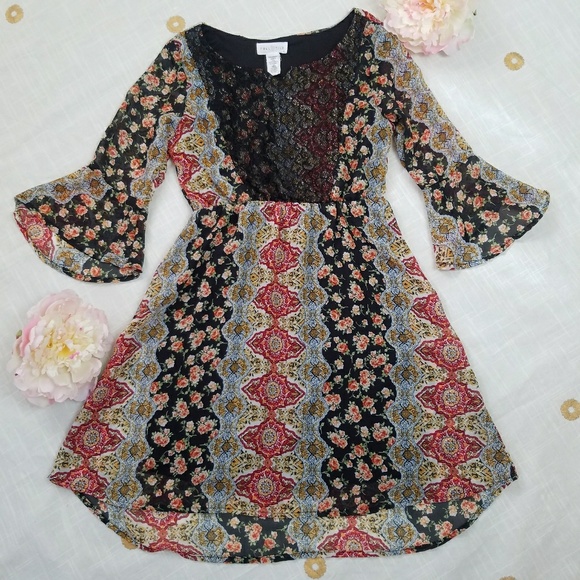 Full Tilt Paisley & Floral Print Bell Sleeve Dress - Picture 1 of 6